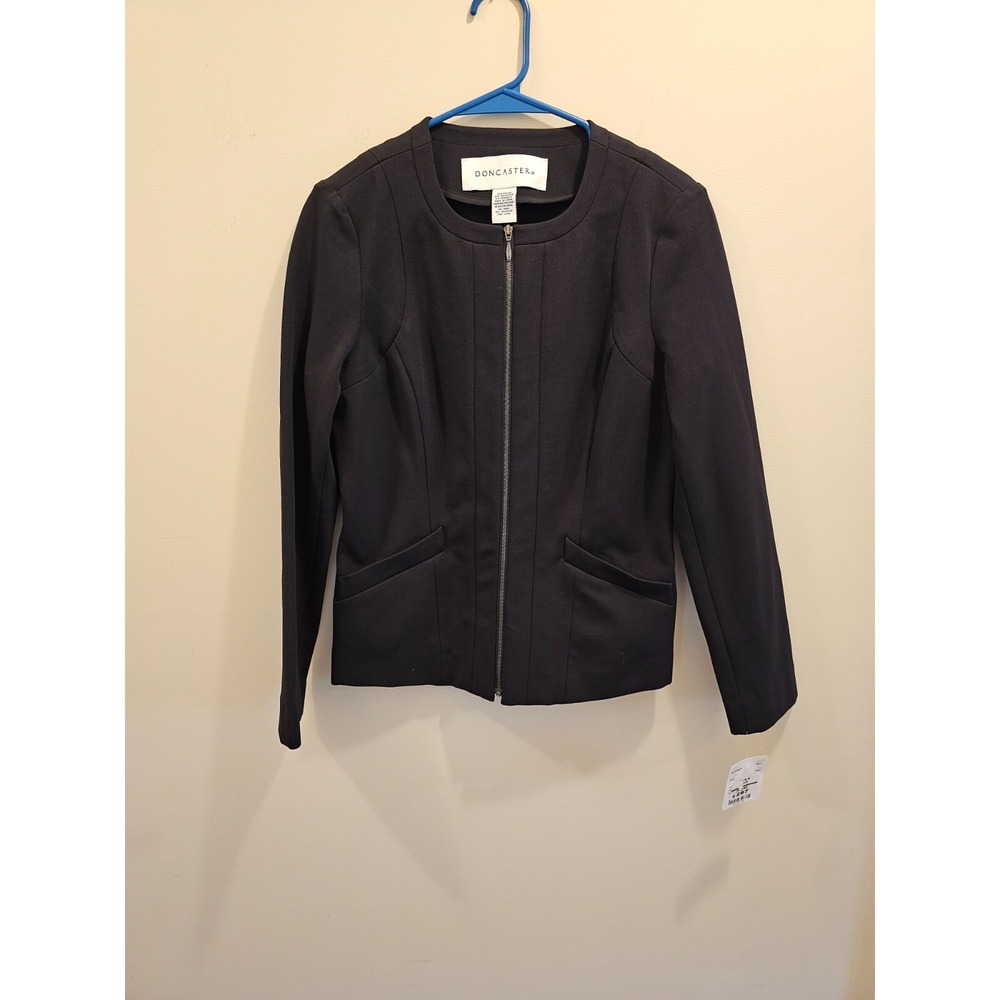 Doncaster Zip Front Jacket Women 6 Black Collarless Shoulder Pads M245JK35 NWT